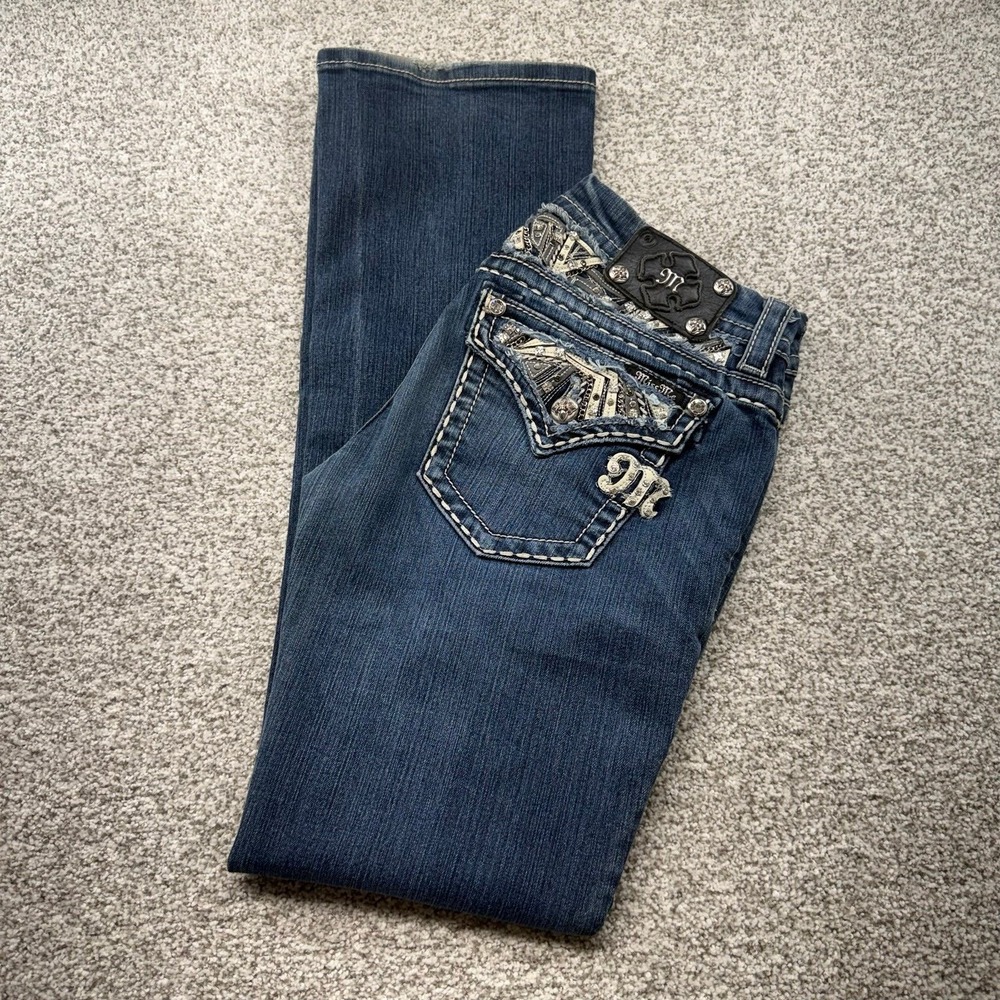 Women's Miss Me Medium Wash Blue Slim Boot Rhinestone Sequin Jeans Size 28x33
